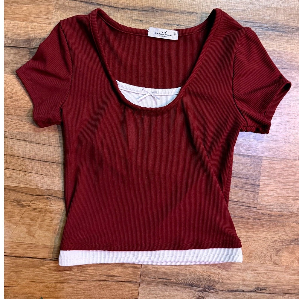 Rebellious Dreamer Babydoll Tee Burgundy Ribbed Layering Bow Coquette Y2K Small